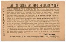 As you cannot get rich by hard work - T. Tolson - Reverse, Perkins Collection 1850 to 1900 Advertising Cards